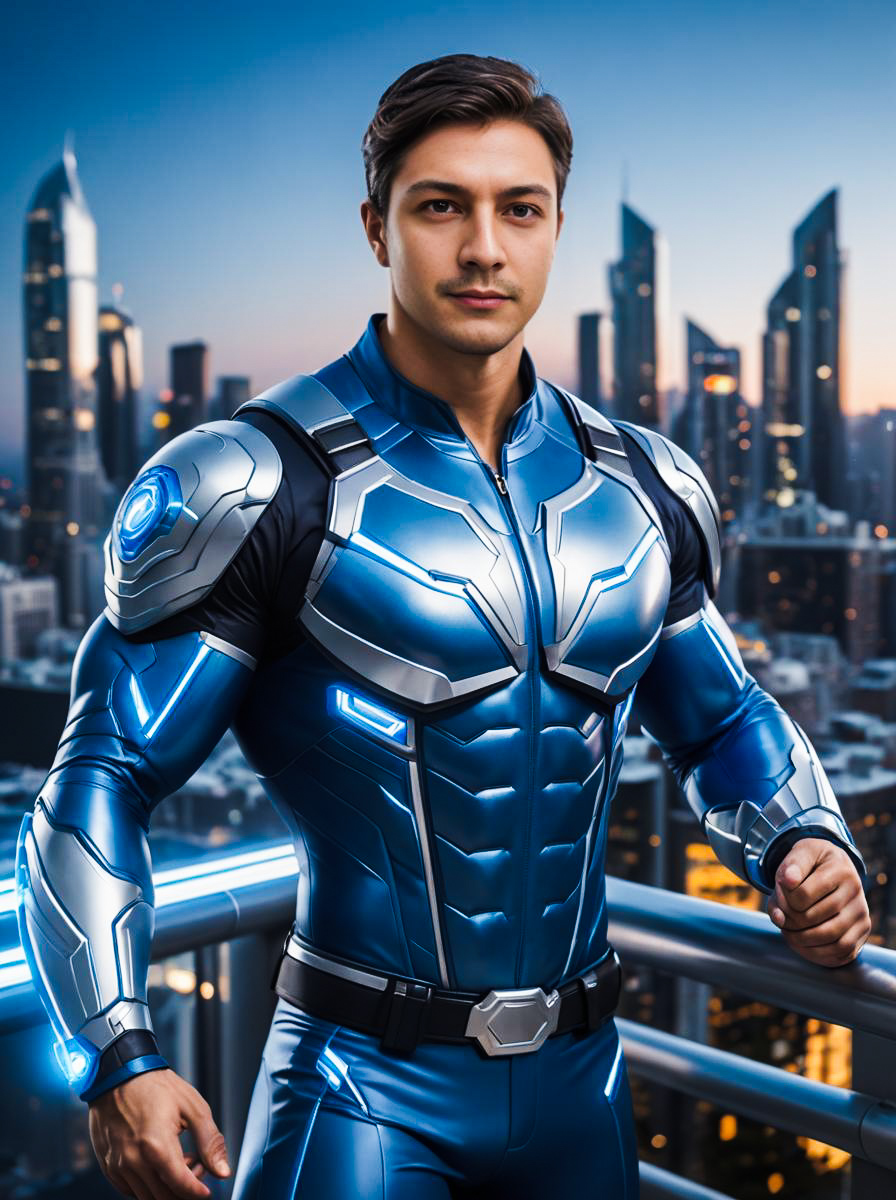 Confident Man in Futuristic Blue Suit Against City Skyline