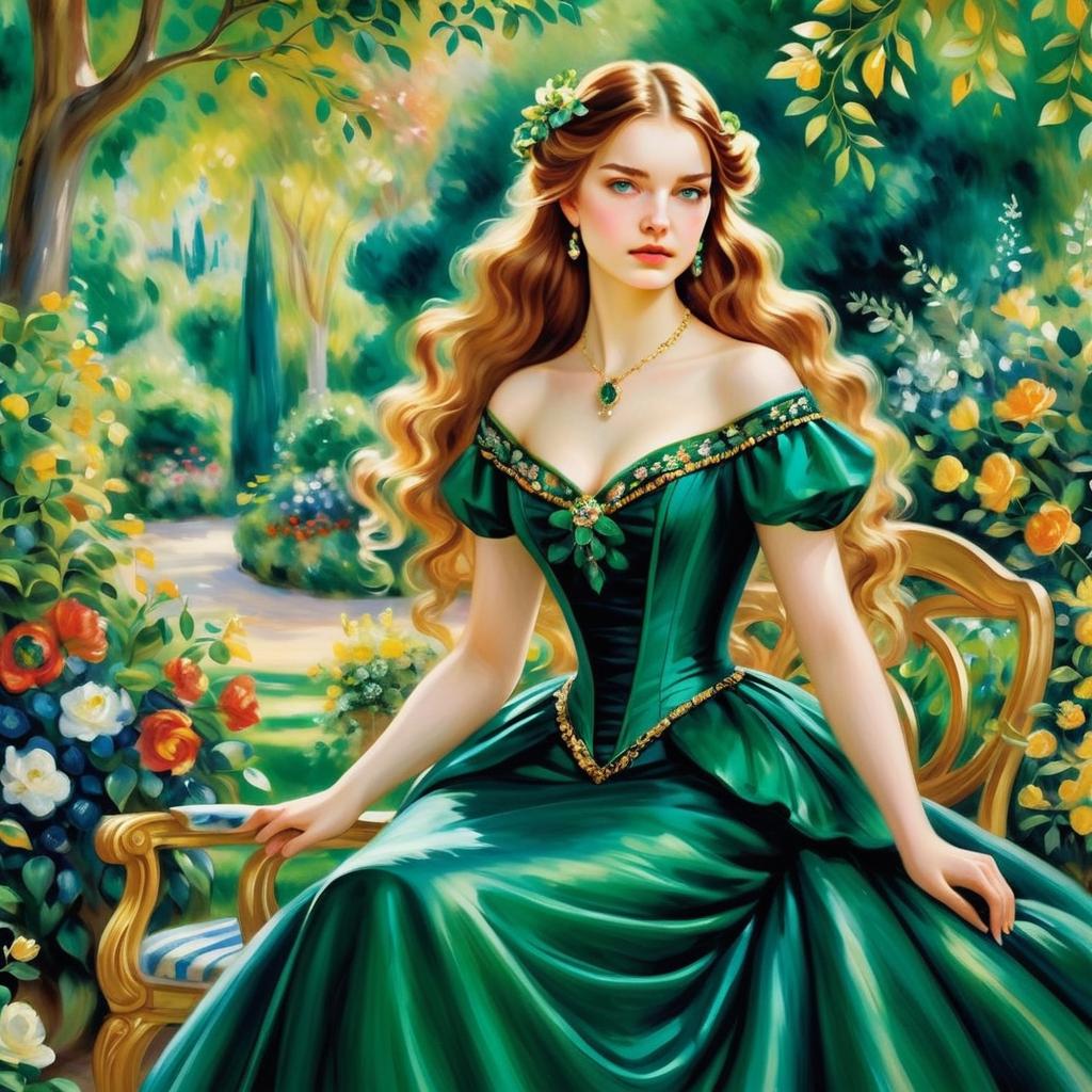 Elegant Woman in Emerald Gown in Lush Garden