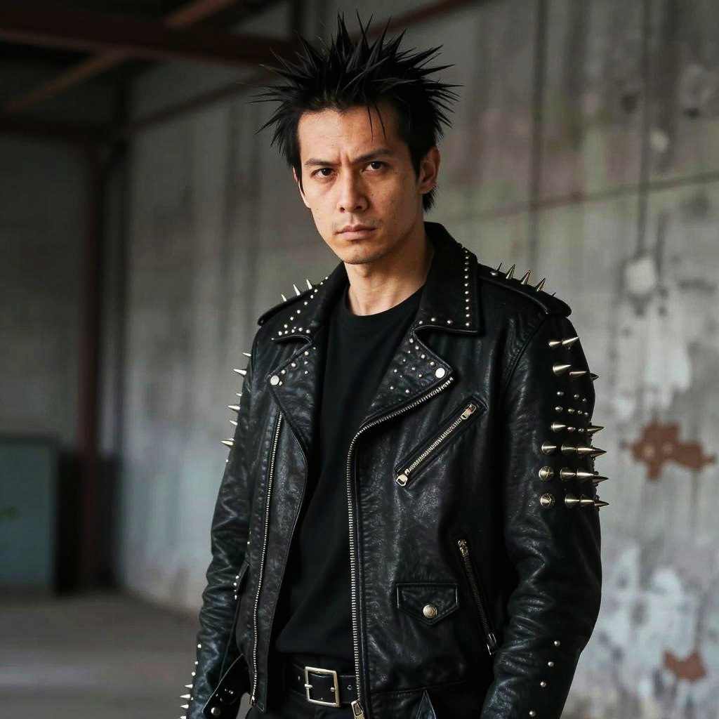 Young Man in Spiked Leather Jacket Punk Gen Z Style