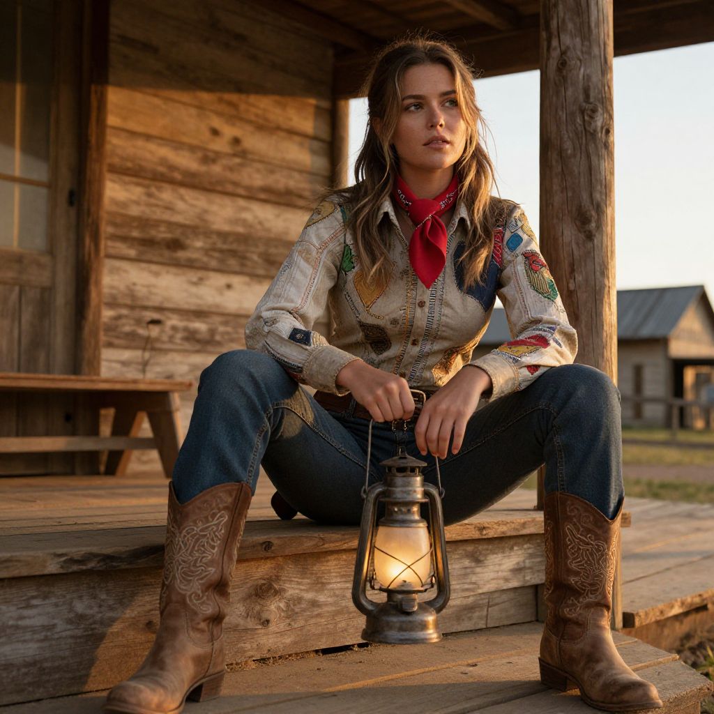 Young Woman in Vintage Western Outfit Holding Lantern on Porch
