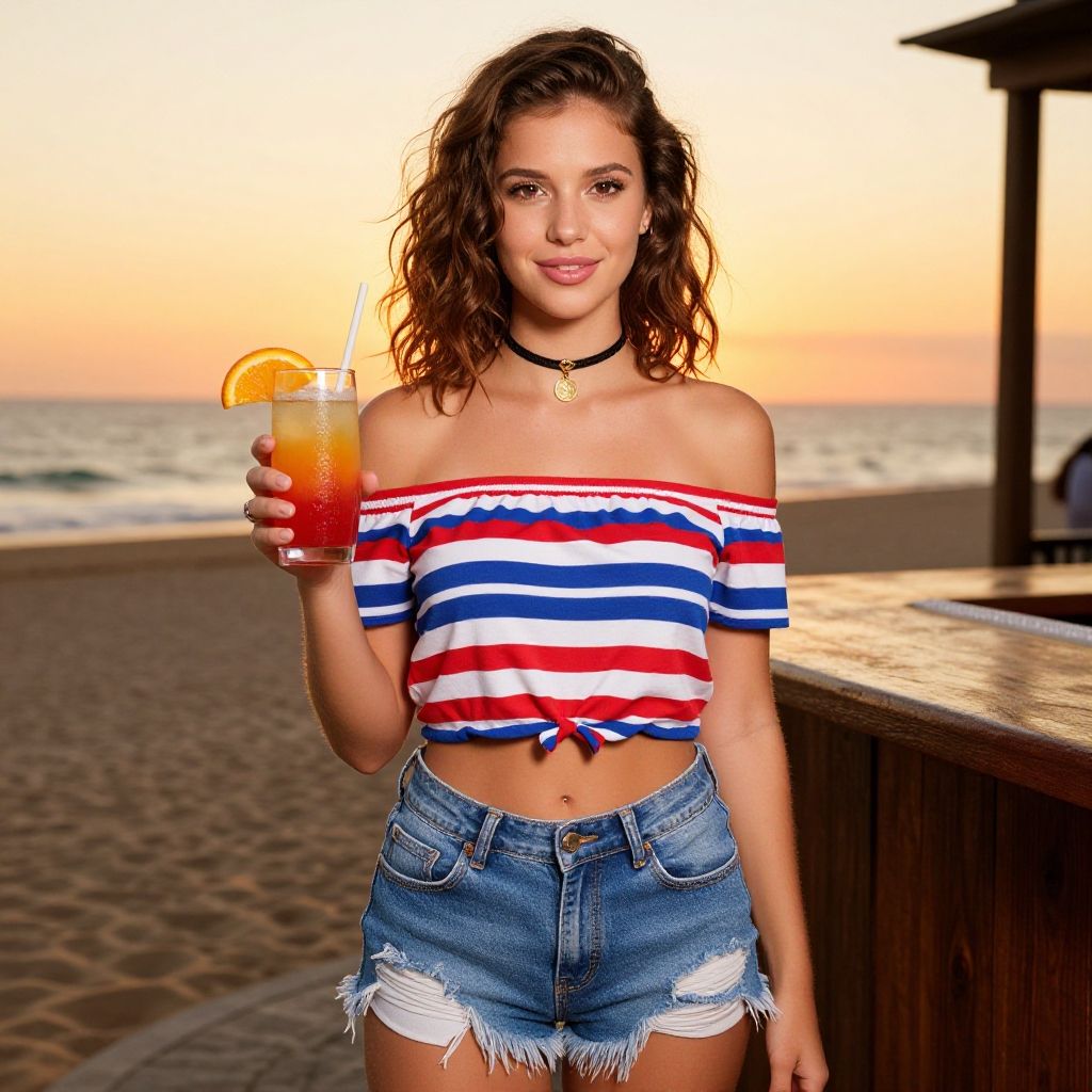 Young Woman Holding Cocktail at Beach Sunset in Striped Off-Shoulder Top and Denim Shorts