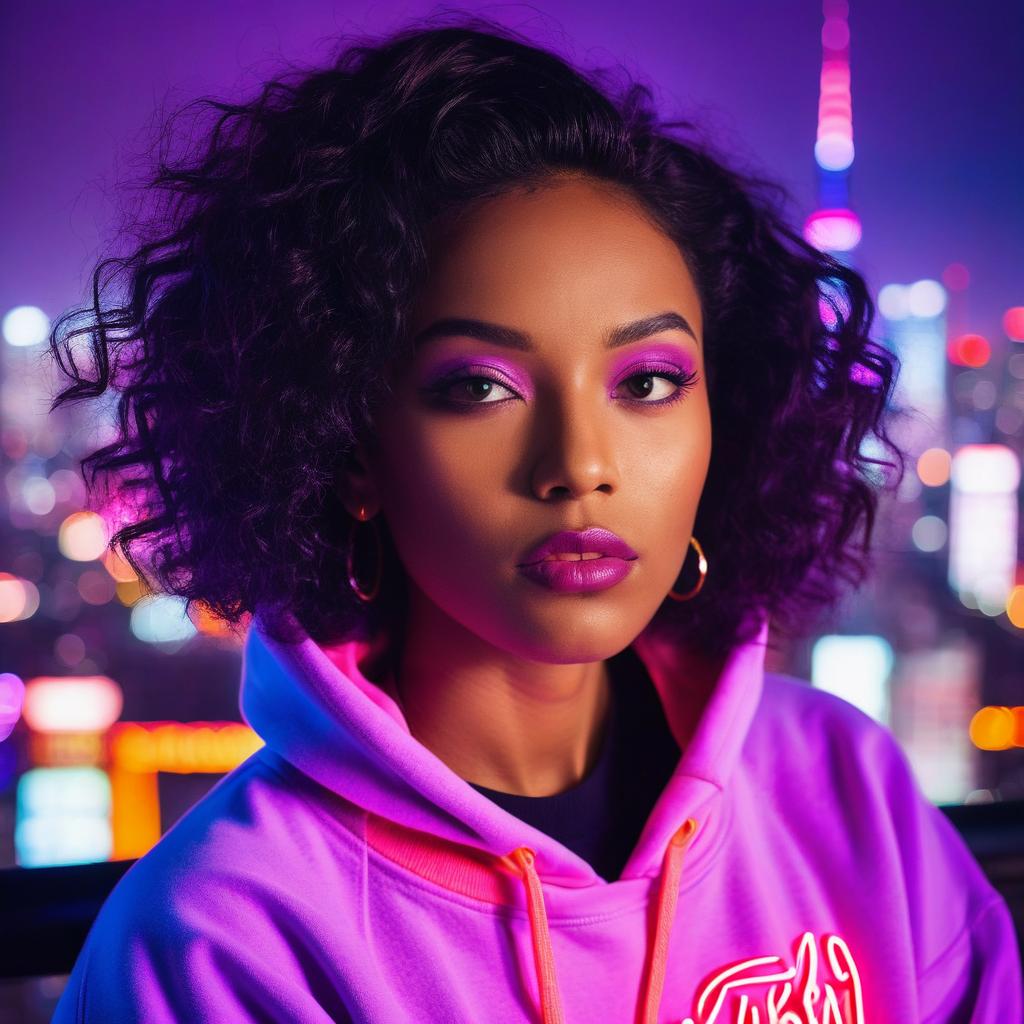 Confident Woman in Neon Cityscape
