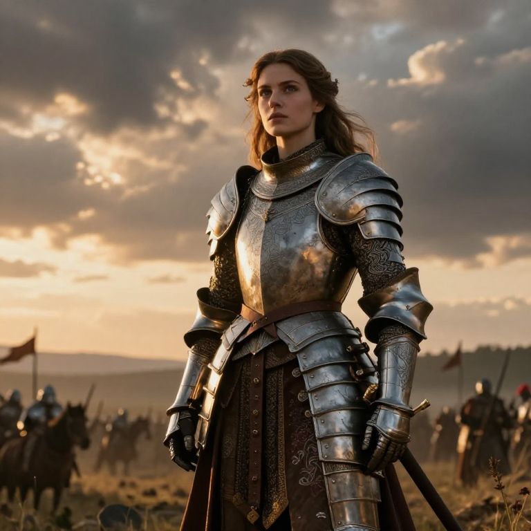 Medieval Woman Knight in Detailed Armor on Battlefield at Sunset