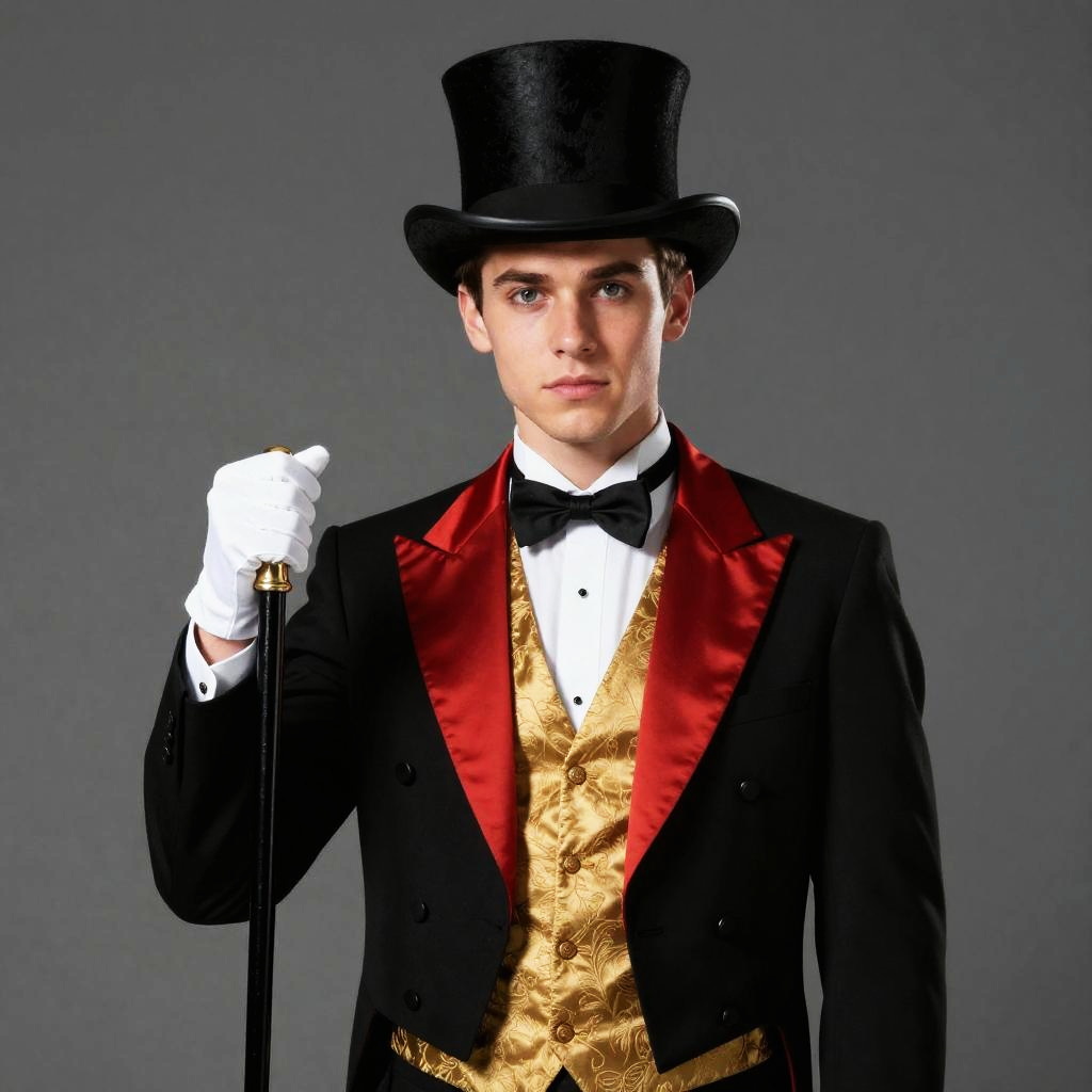 Young Man in Vintage Formal Suit with Top Hat and Cane