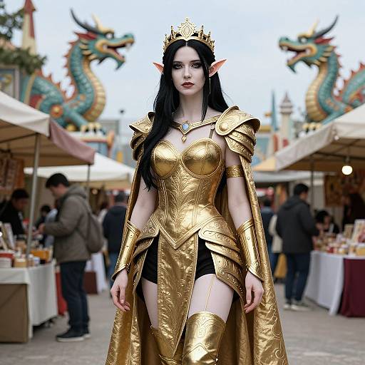 Elven Queen in Golden Armor Cosplay at Outdoor Market with Dragon Statues