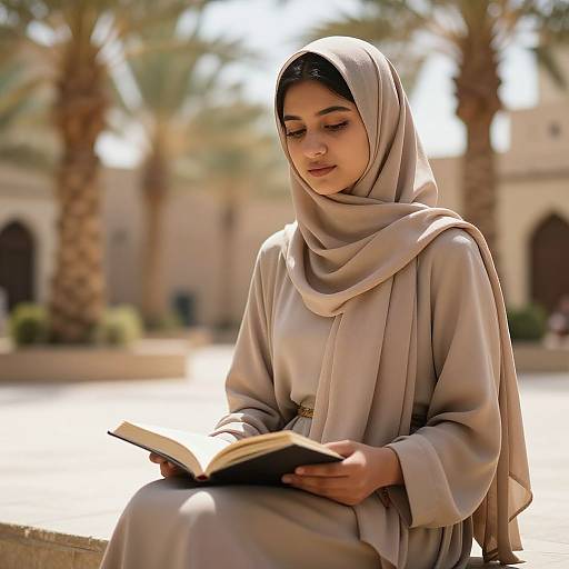 Young Woman in Beige Hijab Reading Book Outdoors