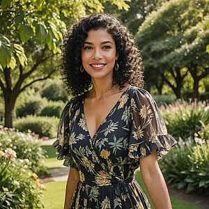 Woman in Floral Dress Smiling in Garden