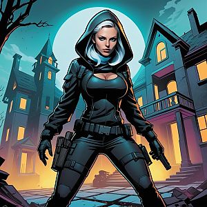 Confident Woman in Tactical Gear with Pistols Under Full Moon