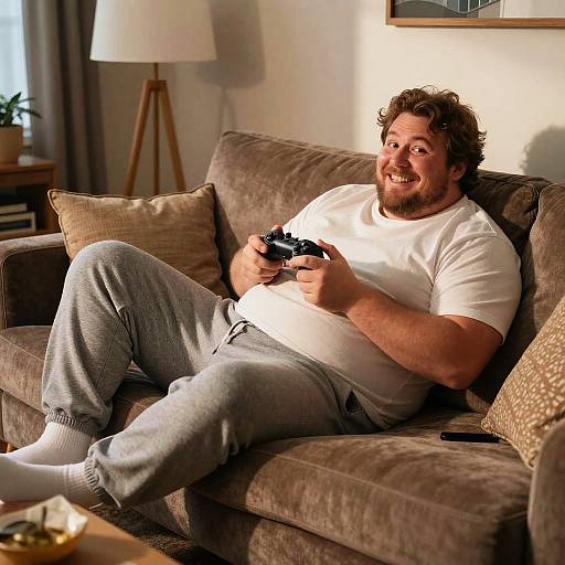 Happy Man Playing Video Games on Couch in Cozy Living Room