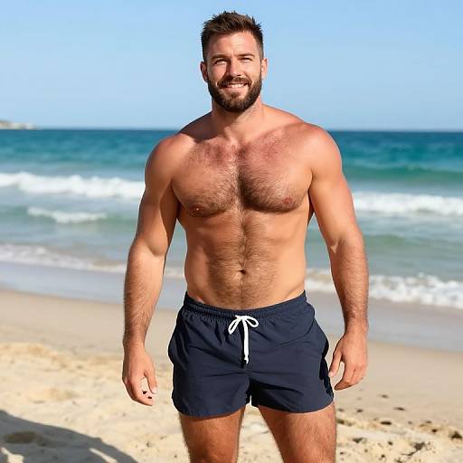 Fit Muscular Man in Navy Swim Trunks on Sunny Beach