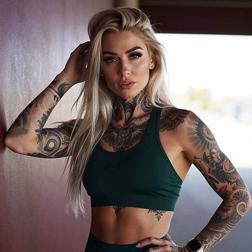 Tattooed Blonde Woman in Green Sports Bra Fitness Portrait