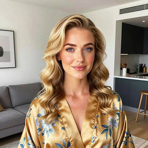 Elegant Blonde Woman in Gold Floral Silk Robe in Modern Home Interior