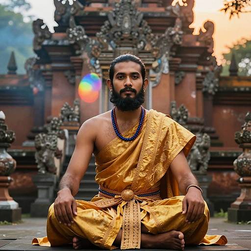 Man in Traditional Golden Attire Meditating at Ornate Temple