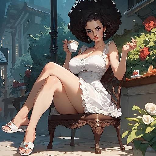 Elegant Woman in White Dress Enjoying Tea in Garden - Digital Anime Art