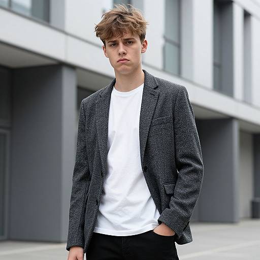 Young Man in Gray Blazer and White T-Shirt Urban Style
