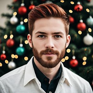 Young Man by Christmas Tree