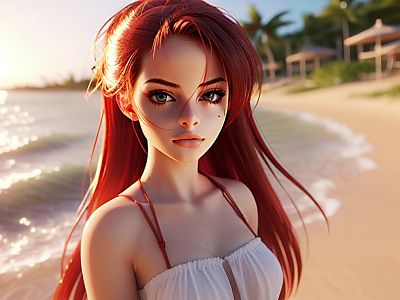 Young Woman with Red Hair on Sunlit Beach