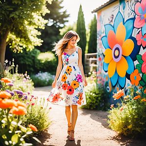 Woman in Floral Dress in Colorful Garden
