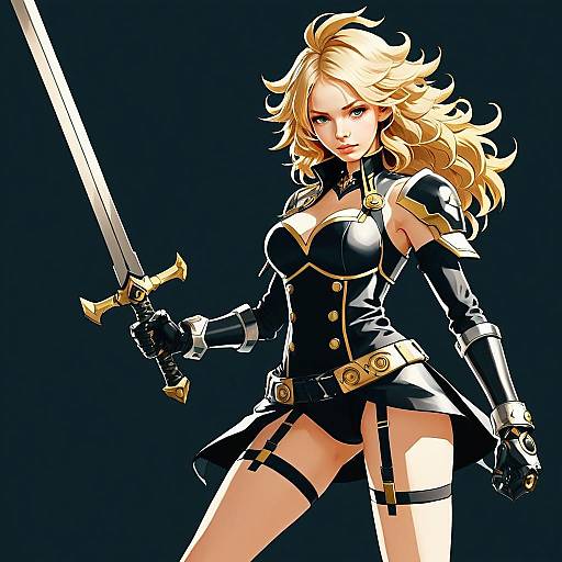 Blonde Woman Warrior in Black Armor Holding Sword Anime Artwork