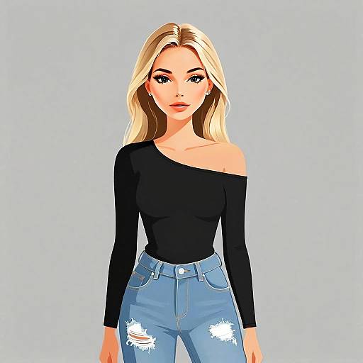 Stylish Woman with Blonde Hair in Casual Off-Shoulder Top and Ripped Jeans Illustration