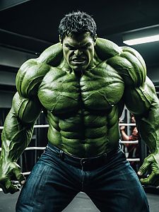 Man in Hulk Costume Cinematic Realism Dramatic Action Pose