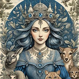 Woman with Blue Hair in Fantasy Nature Scene