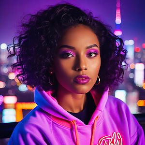 Confident Woman in Neon Cityscape