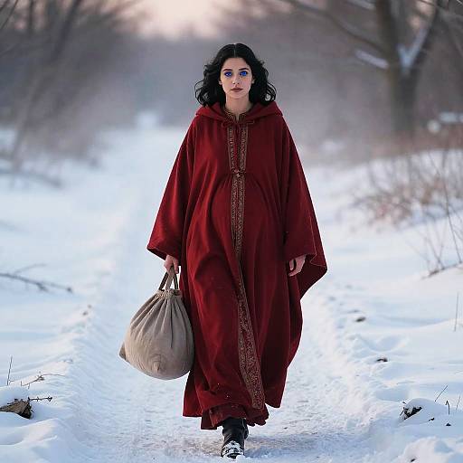 Woman in Red Cloak Walking Through Snowy Winter Landscape