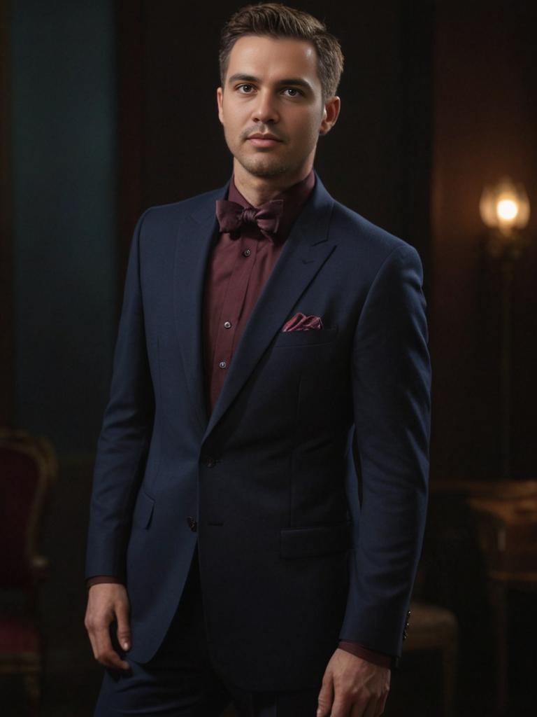 Elegant Man in Navy Suit with Burgundy Shirt and Bow Tie