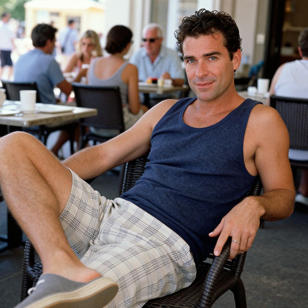 Relaxed Man Sitting in Outdoor Café Wearing Casual Summer Clothes