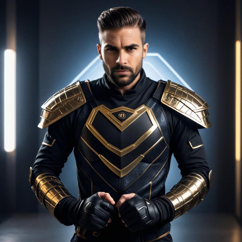 Futuristic Armored Man with Gold Detailing