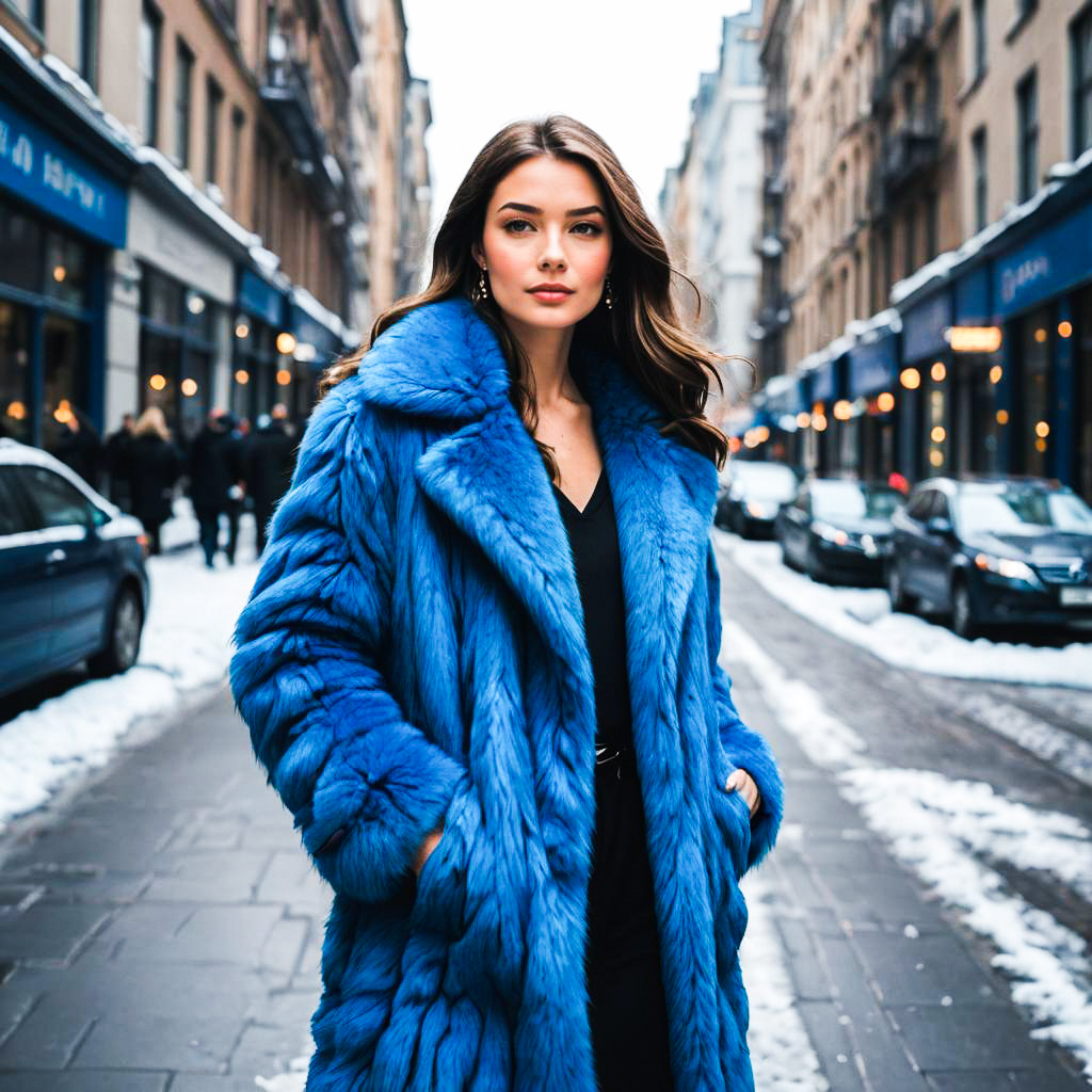 Confident Woman in Blue Fur Coat on Snowy City Street