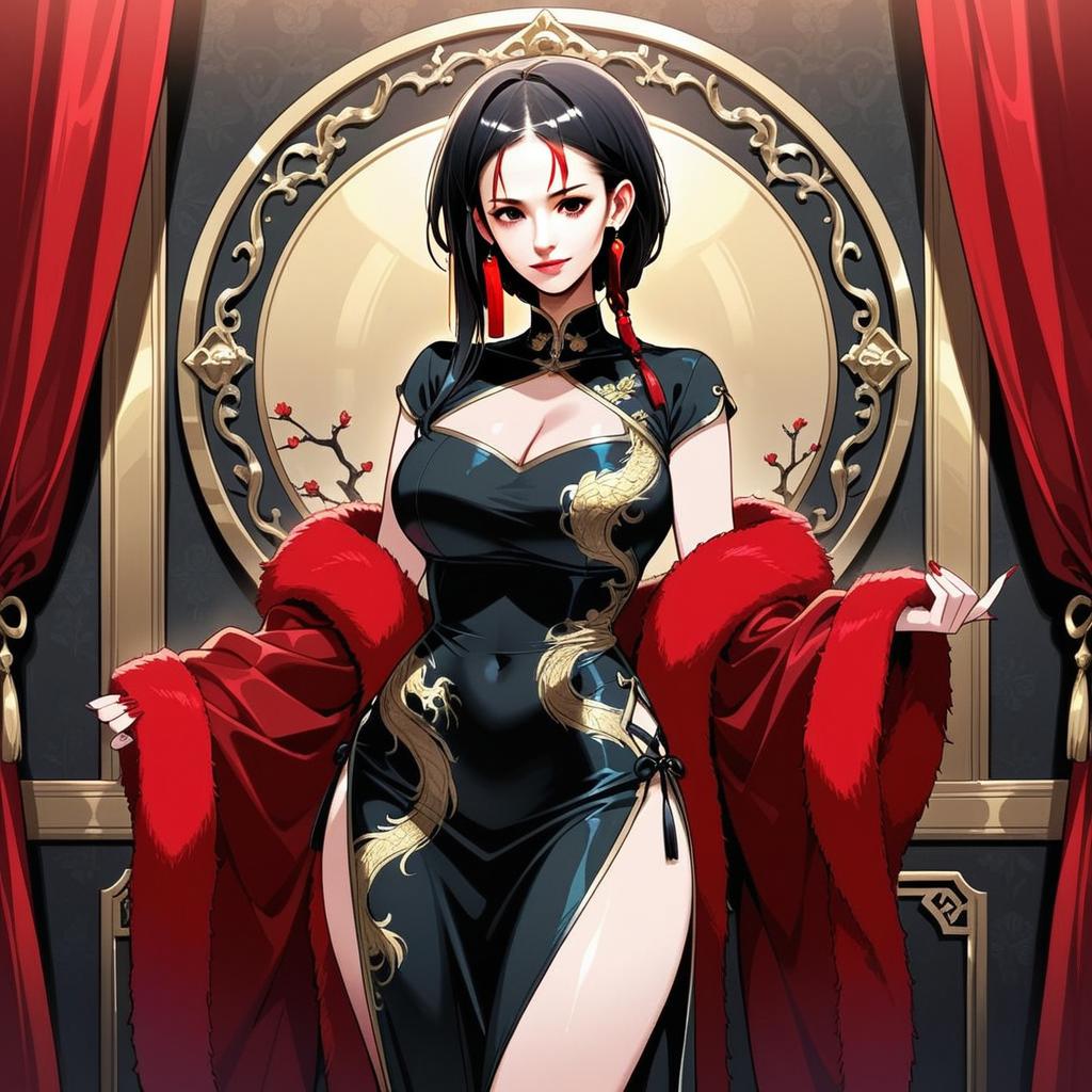 Elegant Woman in Black Qipao with Red Shawl
