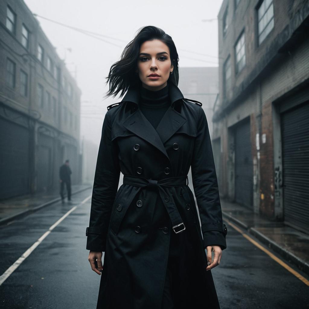 Confident Woman in Dark Trench Coat on Foggy Urban Street