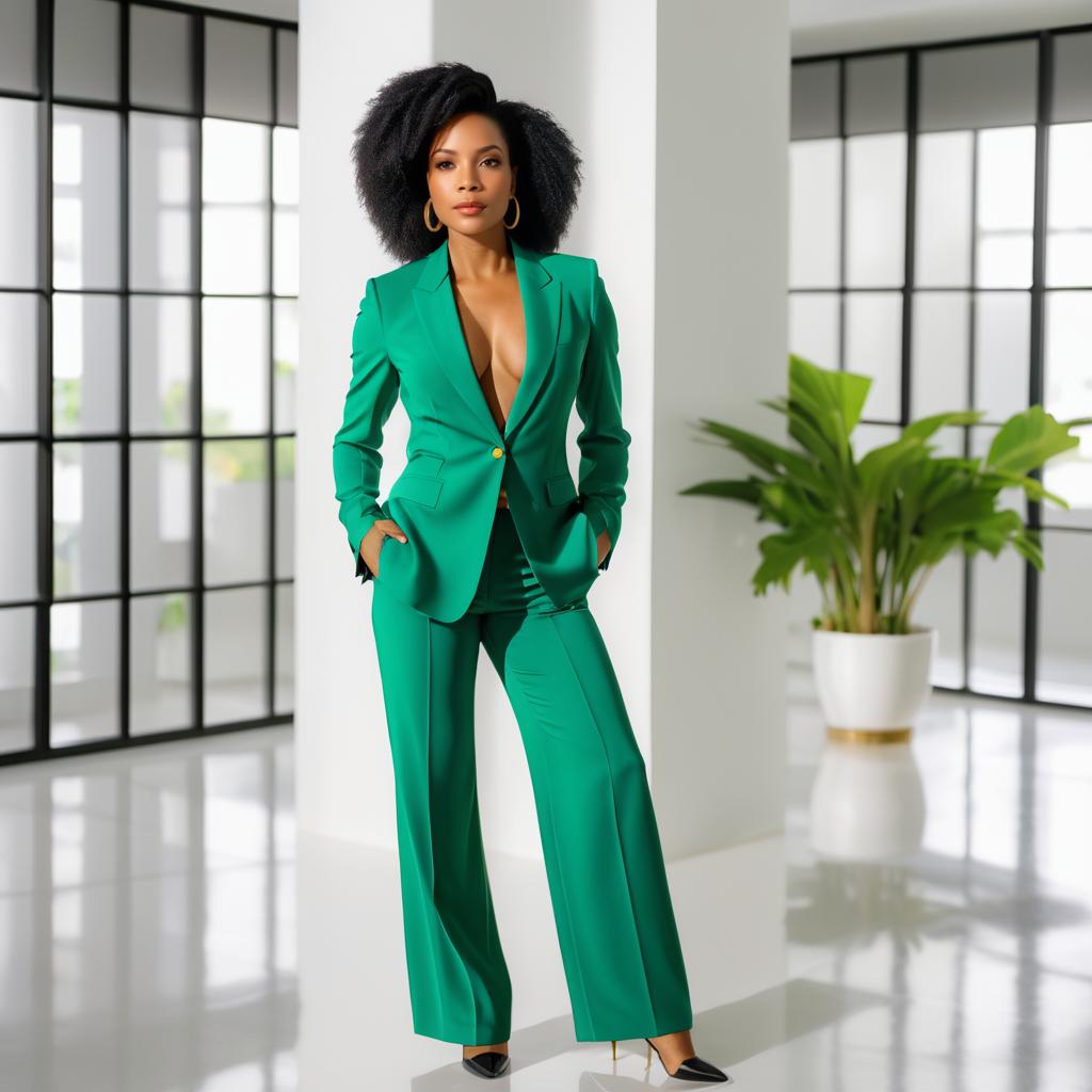 Confident Woman in Green Suit