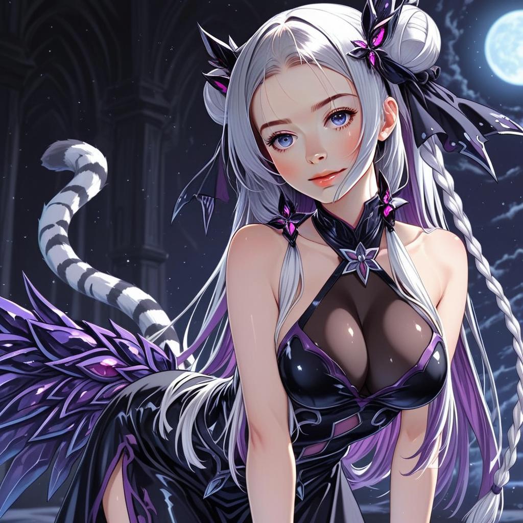 Anime Woman in Gothic Black Purple Dress with Moonlit Background