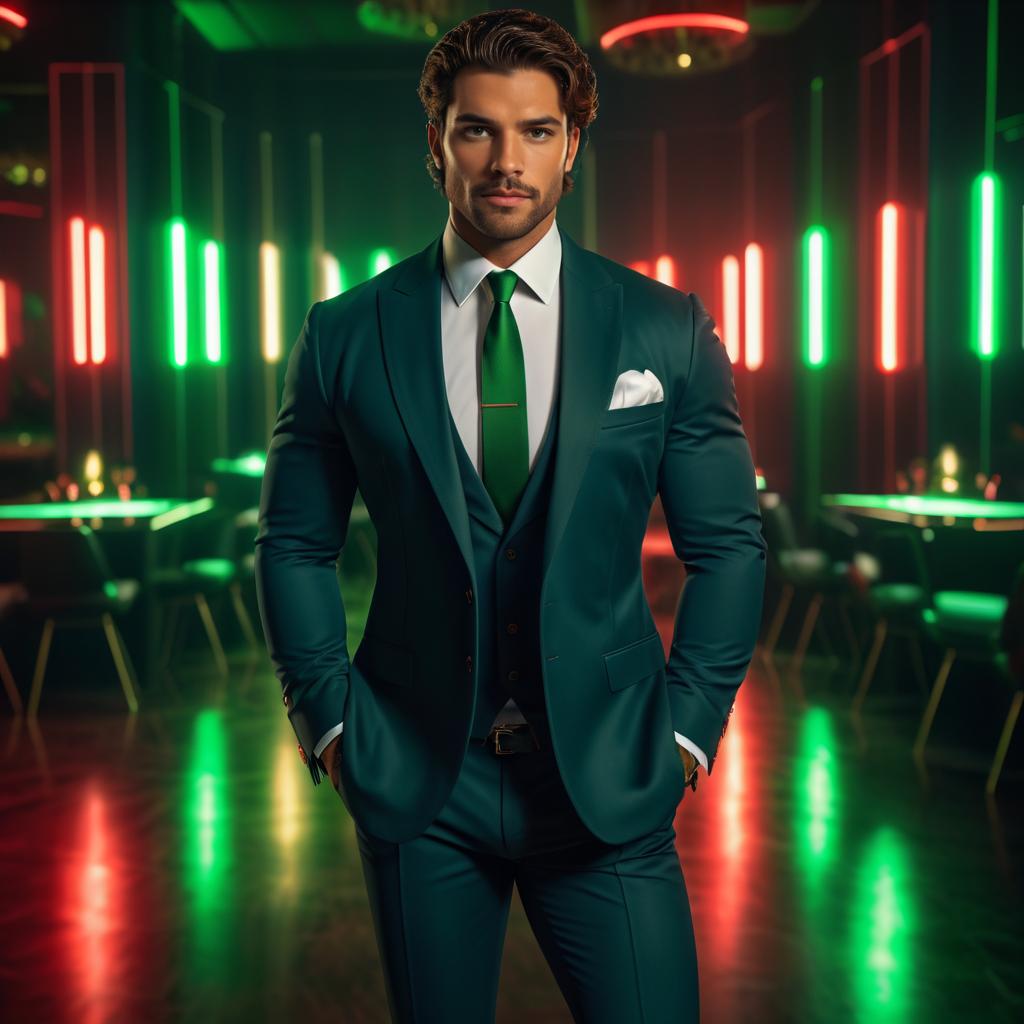 Dapper Man in Green Suit at Upscale Lounge