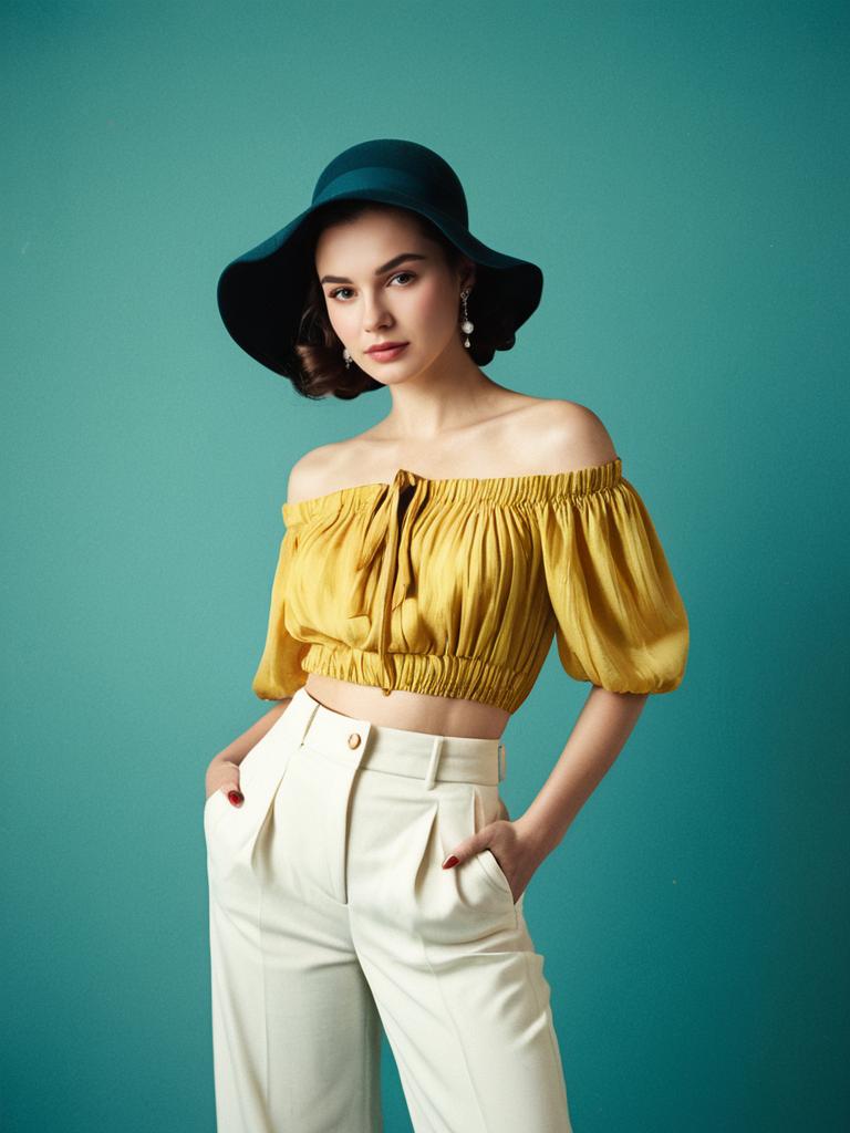 Stylish Woman in Mustard Crop Top and Wide-Brimmed Hat Fashion Portrait Stylish Woman in Mustard Crop Top and Wide-Brimmed Hat Fashion Portrait