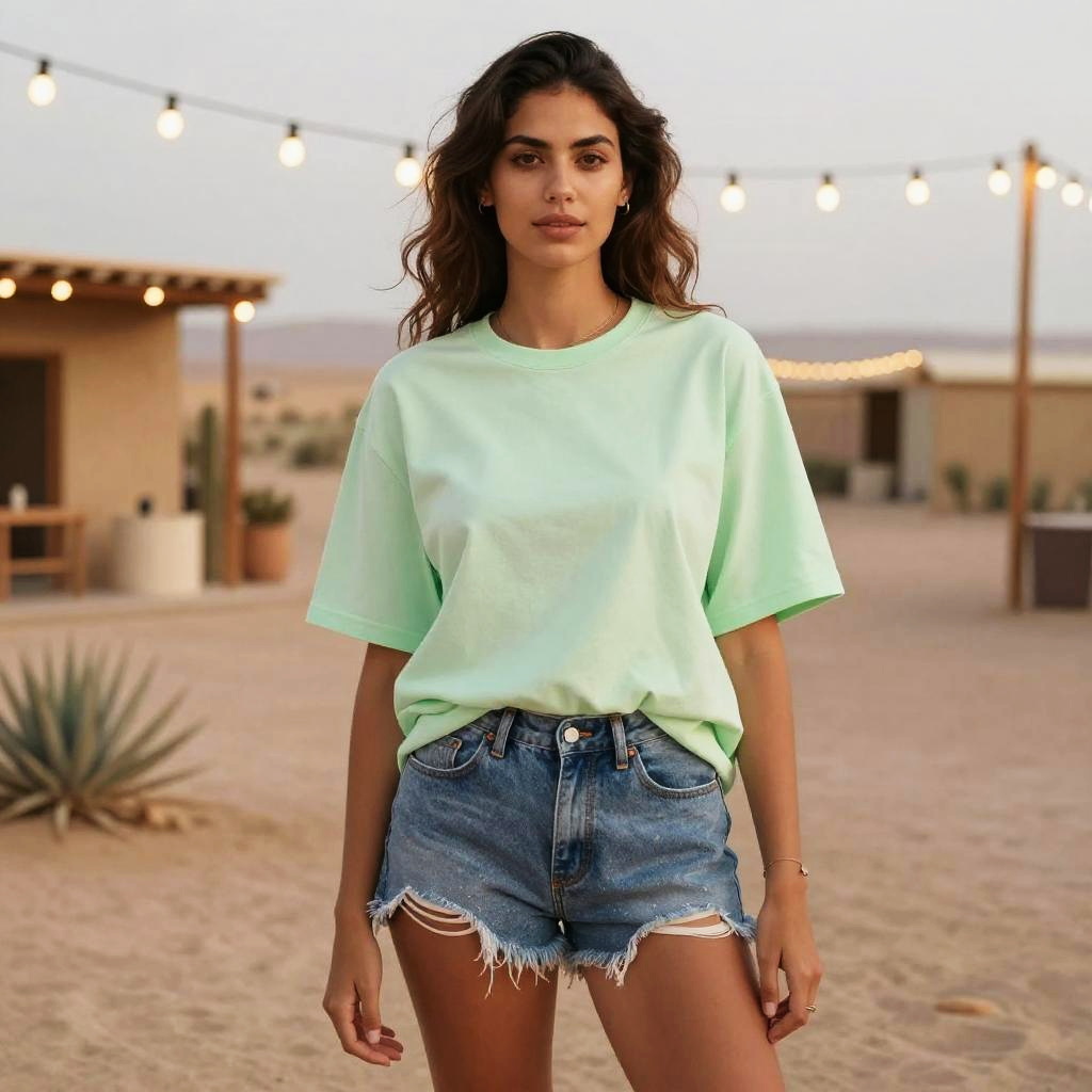 Tall Woman in Casual Streetwear with Oversized Pale Green T-Shirt and Distressed Denim Shorts