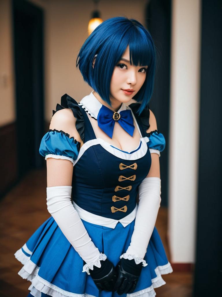 Blue Haired Woman in Detailed Maid Cosplay Outfit
