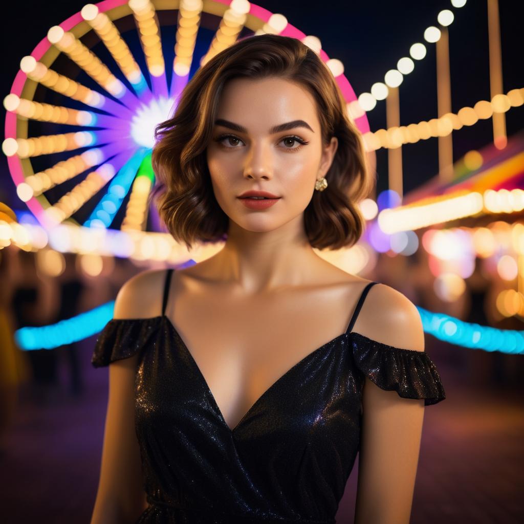 Young Woman in Black Dress at Carnival