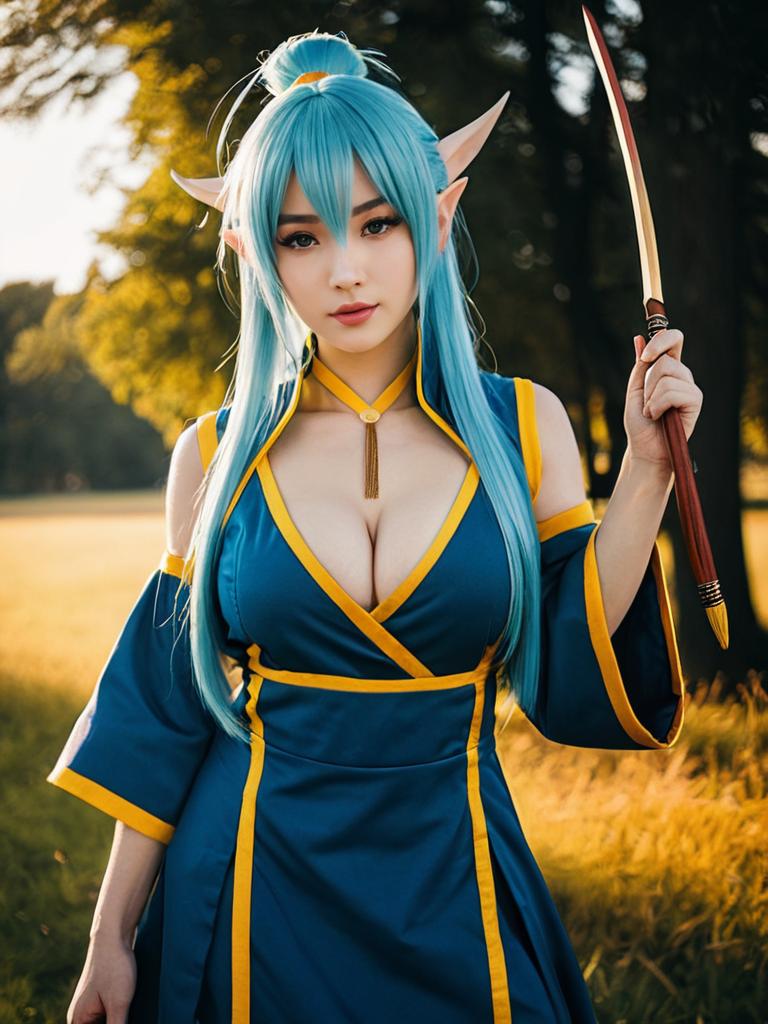 Realistic Nejire Hado Cosplay Woman Character Holding Sword Outdoors
