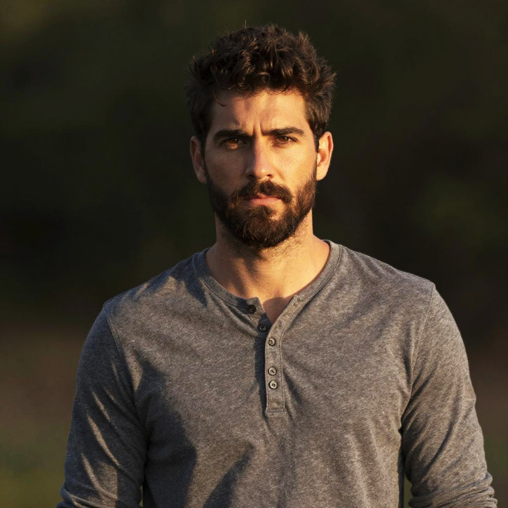 Portrait of Bearded Man in Grey Henley Shirt with Natural Lighting