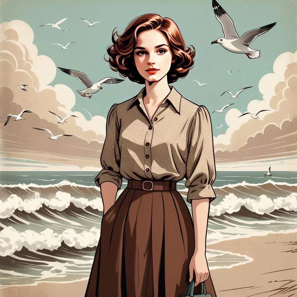 Vintage Style Digital Illustration of Woman on Beach with Seagulls