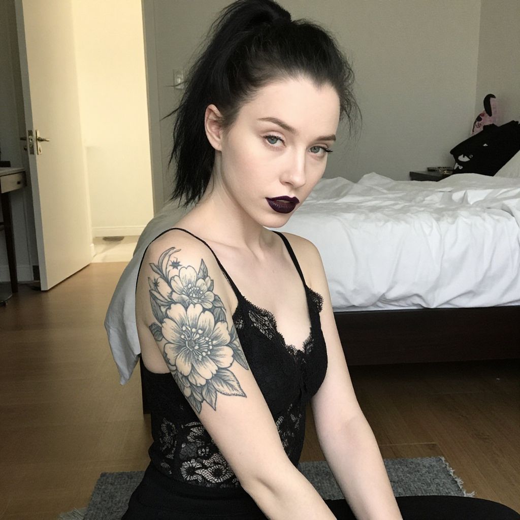 Young Woman with Floral Tattoo in Black Lace Top Indoors