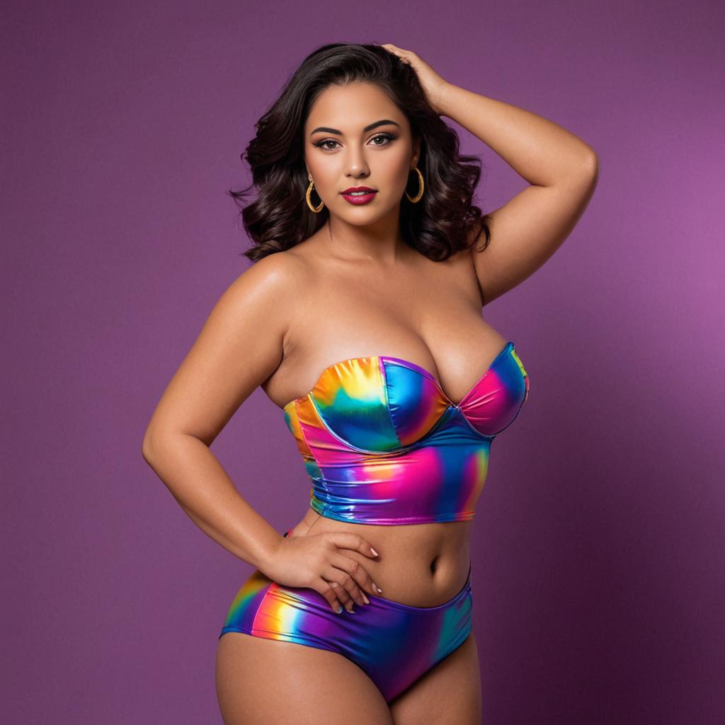 Confident Woman in Rainbow Metallic Swimsuit