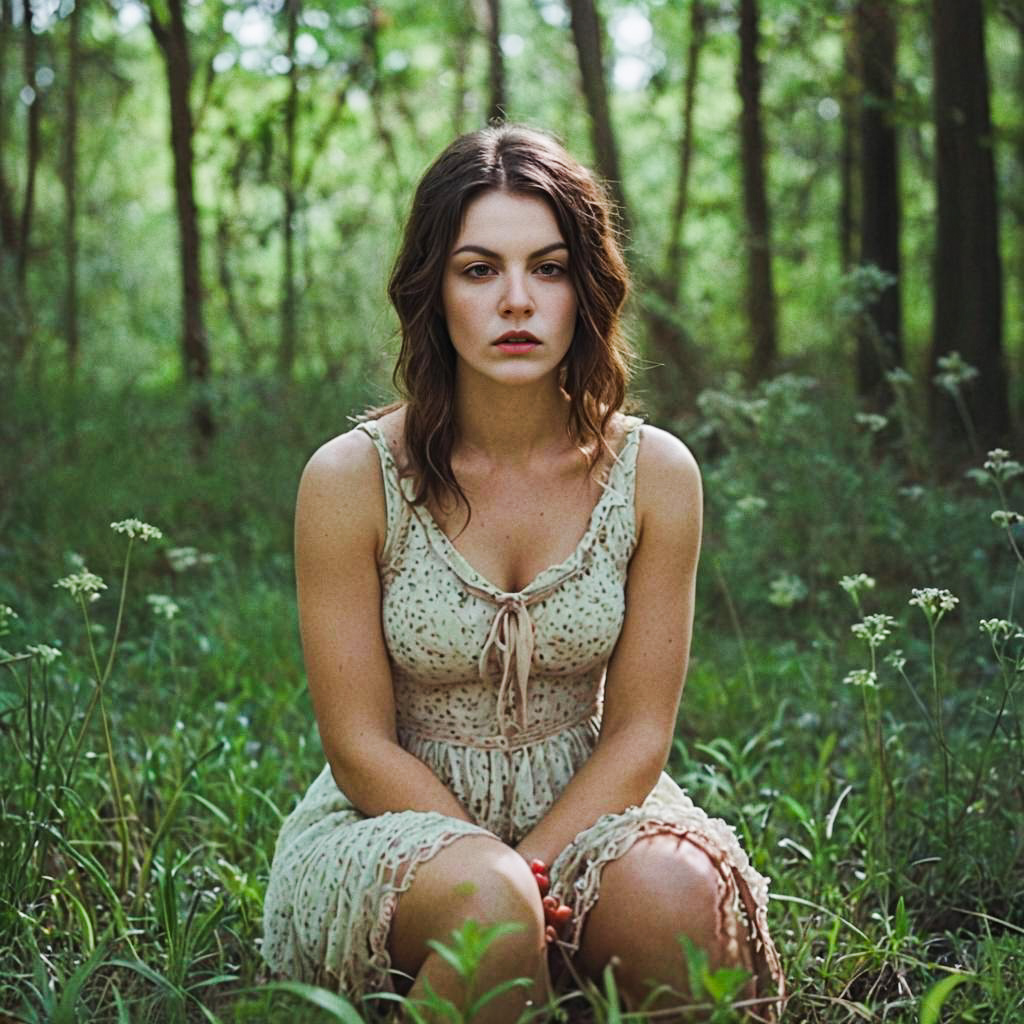 Contemplative Woman in Green Forest