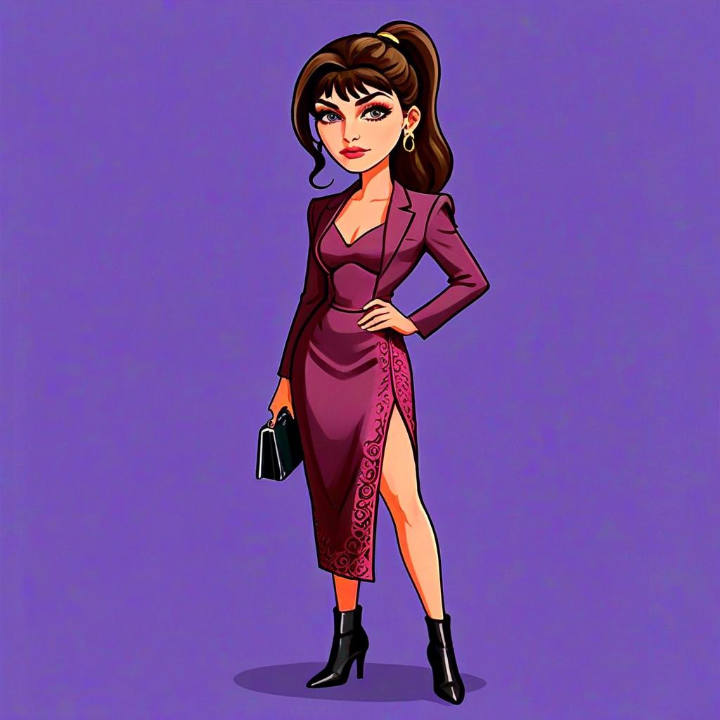 Confident Woman in Stylish Plum Dress with Blazer and Black Boots Illustration