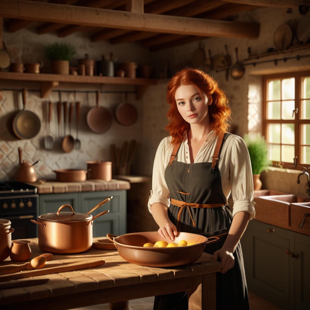 Woman with Red Hair Arranging Lemons in Rustic Kitchen