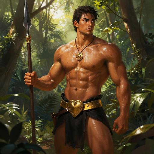 Muscular Warrior Man in Jungle with Spear Digital Art
